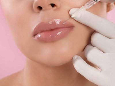 Young woman getting lips injection on pink background, closeup